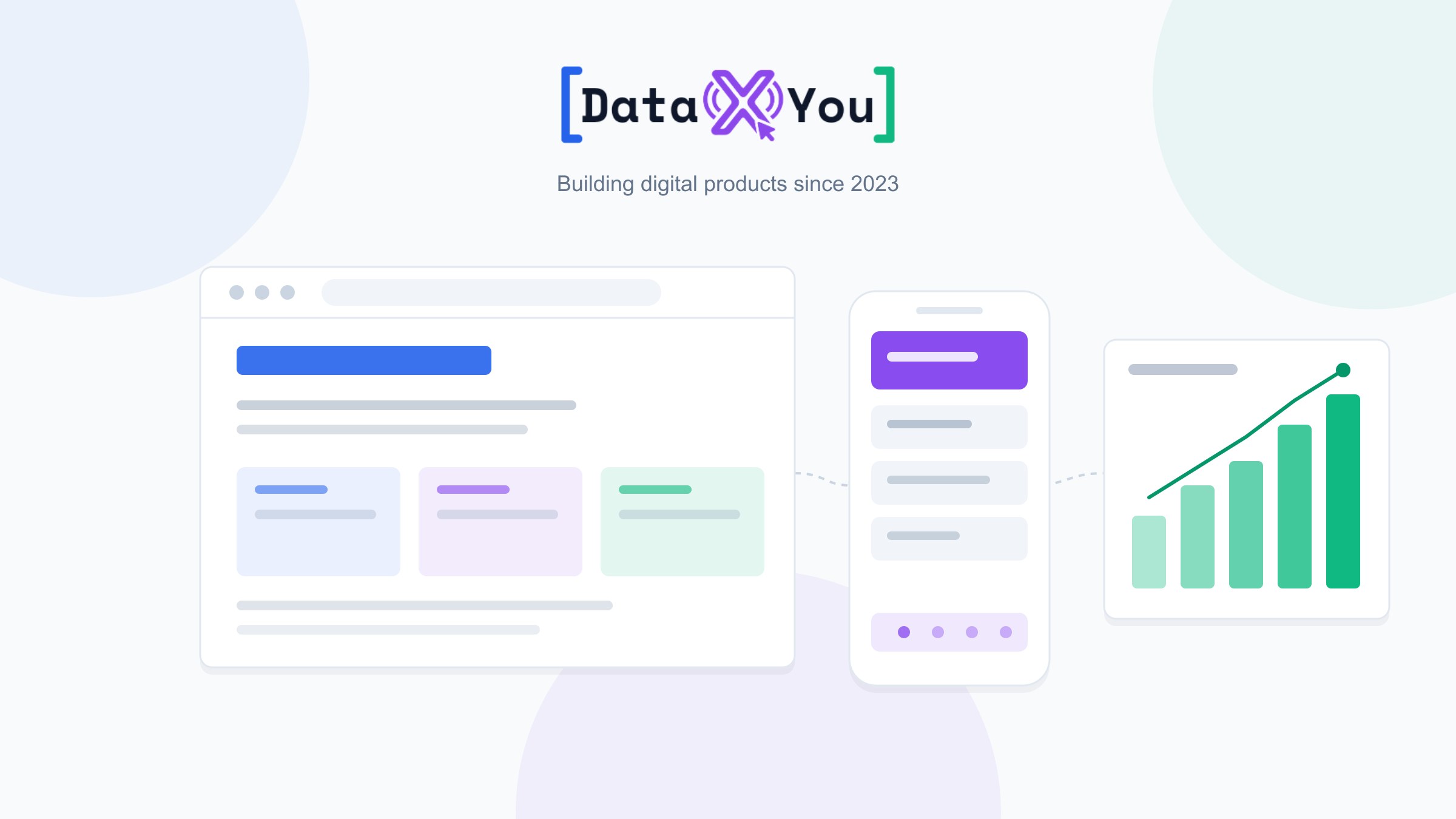 Illustration of the products Data X You builds: websites, mobile apps, and data dashboards